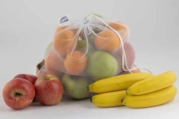 Reusable fresh produce bag made from 100% recycled plastic bottles